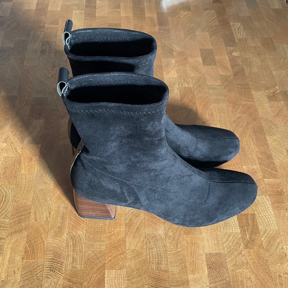 Black Faux Suede Sock Boots Square Toe Wood Block Heel Ankle Booties US 9